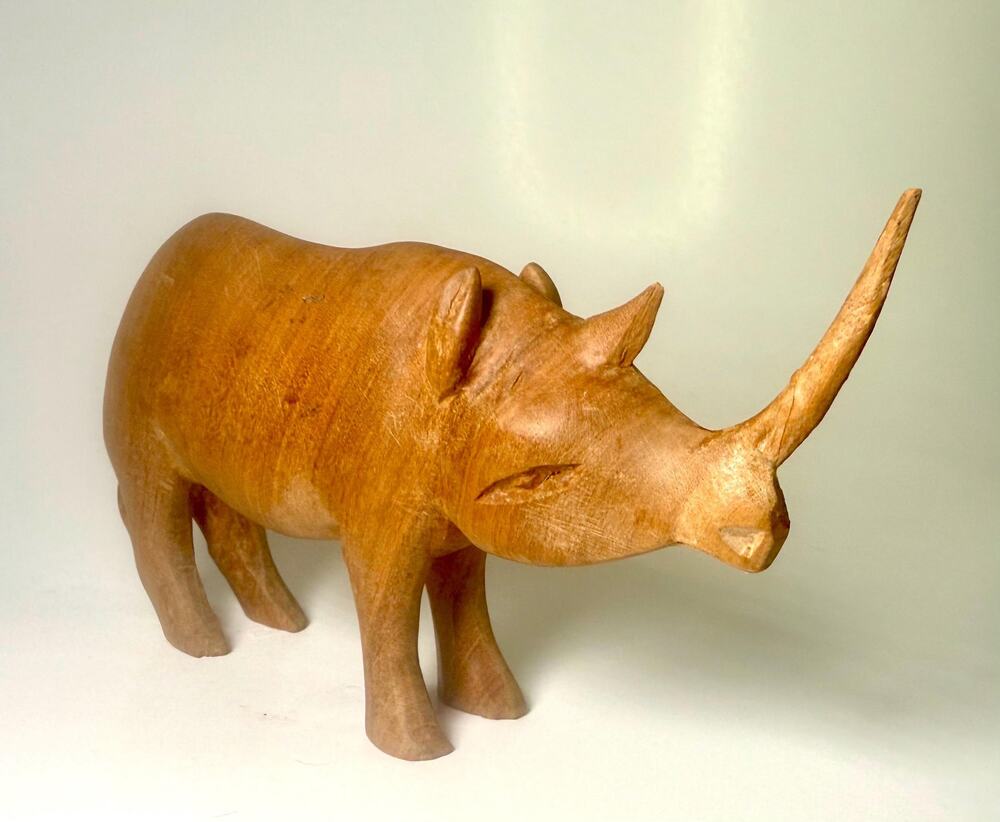 Hand-Carved Wooden Rhino Figurine – Mid-Century Safari Decor